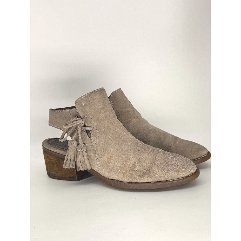 Born Taupe Suede Tassel Ankle Booties Women 8.5 Open Heel Side Zip Slingback